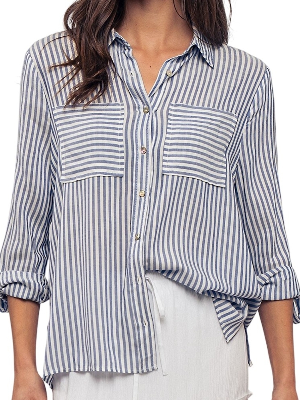 Eden & Olivia Blue White Striped Button Down Shirt 100% Cotton Roll Tab Sleeve M